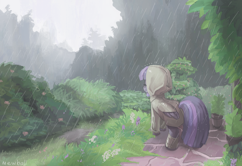 Size: 1440x991 | Tagged: safe, artist:mewball, twilight sparkle, alicorn, pony, g4, boots, bush, calm, clothes, cute, detailed background, eyes closed, featured image, female, flower, folded wings, full body, grass, happy, mare, outdoors, rain, raincoat, rear view, scenery, shoes, signature, smiling, solo, standing, tail, tail hole, tree, twiabetes, twilight sparkle (alicorn), wings