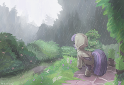 Size: 1440x991 | Tagged: safe, artist:mewball, twilight sparkle, alicorn, pony, g4, boots, clothes, detailed background, eyes closed, female, folded wings, grass, mare, outdoors, rain, raincoat, rear view, scenery, shoes, signature, smiling, solo, twilight sparkle (alicorn), wings