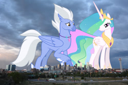 Size: 1600x1066 | Tagged: safe, anonymous editor, artist:pilot231, artist:starryshineviolet, edit, princess celestia, sky beak, alicorn, classical hippogriff, hippogriff, pony, g4, colorado, crown, denver, duo, female, giant pony, giantess, highrise ponies, irl, jewelry, macro, male, mare, necklace, peytral, photo, ponies in real life, regalia, smiling, story included