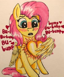 Size: 2787x3332 | Tagged: safe, artist:brightenight-heart, fluttershy, pegasus, pony, g4, blushing, cardiophilia, cartoon physics, concave belly, fetish, heart, heart (organ), heart bulge, heart eyes, heartbeat, high res, not salmon, open mouth, organs, wat, wingding eyes