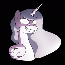 Size: 1984x1984 | Tagged: safe, princess celestia, alicorn, pony, princess molestia, g4, black background, bust, evil, evil smile, folded wings, grin, simple background, smiling, wings