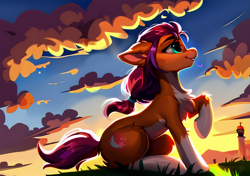 Size: 4096x2880 | Tagged: safe, ai assisted, ai content, artist:felisamafeles, derpibooru exclusive, editor:felisamafeles, generator:pony diffusion v5.5, generator:purplesmart.ai, generator:stable diffusion, sunny starscout, earth pony, pony, g5, beautiful, chest fluff, cloud, coat markings, countershading, dusk, ear fluff, full body, fur, grass, grass field, lighthouse, pale belly, scenery, side view, sitting, sky, socks (coat markings), sunset