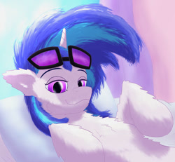 Size: 828x764 | Tagged: safe, artist:gosha305, dj pon-3, vinyl scratch, pony, unicorn, g4, bed, bust, cheek fluff, chest fluff, curtains, ear fluff, female, horn, lidded eyes, looking at you, lying down, multicolored hair, on back, pillow, portrait, smiling, smiling at you, solo, sunglasses, sunglasses on head