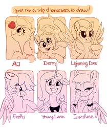 Size: 1071x1280 | Tagged: safe, artist:anotherdeadrat, applejack, derpy hooves, firefly, inky rose, lightning dust, princess luna, alicorn, earth pony, pegasus, pony, g1, g4, apple, food, goth, grin, partial color, s1 luna, six fanarts, smiling, twin braids