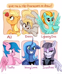 Size: 1715x2048 | Tagged: safe, alternate version, artist:anotherdeadrat, applejack, derpy hooves, firefly, inky rose, lightning dust, princess luna, alicorn, earth pony, pegasus, pony, g1, g4, apple, eyeshadow, food, g1 to g4, generation leap, goth, grin, makeup, s1 luna, six fanarts, smiling, twin braids