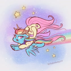 Size: 2048x2048 | Tagged: safe, artist:flutterberrypie, fluttershy, rainbow dash, pegasus, pony, g4, colored pinnae, colored underhoof, covering eyes, cute, dashabetes, duo, duo female, eyes closed, female, fluttershy riding rainbow dash, flying, high res, hoof heart, lesbian, mare, no pupils, open mouth, ponies riding ponies, rainbow trail, riding, ship:flutterdash, shipping, shyabetes, signature, spread wings, stars, underhoof, wings