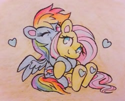 Size: 2048x1657 | Tagged: safe, artist:flutterberrypie, fluttershy, rainbow dash, pegasus, pony, g4, colored pinnae, colored underhoof, comfy, cute, dashabetes, duo, duo female, female, floating heart, folded wings, heart, hoof heart, hug, hug from behind, lesbian, love, mare, no pupils, one eye closed, pencil drawing, ship:flutterdash, shipping, shyabetes, sitting, smiling, snuggling, spread wings, traditional art, underhoof, wings