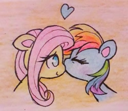 Size: 2048x1784 | Tagged: safe, artist:flutterberrypie, fluttershy, rainbow dash, pegasus, pony, g4, blushing, bust, colored pinnae, cute, daaaaaaaaaaaw, dashabetes, duo, duo female, eyes closed, female, floating heart, floppy ears, heart, kissing, lesbian, love, mare, no pupils, nose kiss, pencil drawing, portrait, ship:flutterdash, shipping, shyabetes, smiling, traditional art