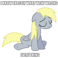 Size: 1024x1024 | Tagged: safe, artist:puetsua, edit, editor:pink amena, derpy hooves, pegasus, pony, g4, caption, eyes closed, i just don't know what went wrong, i know exactly what went wrong, image macro, meme, sad, simple background, solo, text, vector, white background