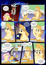 Size: 3259x4607 | Tagged: safe, artist:estories, discord, fluttershy, oc, oc:alice goldenfeather, oc:fable, draconequus, pegasus, pony, comic:nevermore, g4, alternate hairstyle, cup, discord is not amused, kitchen, mouth hold, newspaper, speech bubble, teacup, unamused