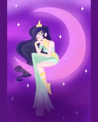 Size: 1080x1350 | Tagged: safe, artist:psicoyote, edit, editor:princessmoonlove, oc, oc only, oc:princess moonlove, human, bracelet, clothes, crescent moon, dress, ethereal hair, female, humanized, jewelry, lipstick, moon, necklace, night, purple background, shoes, simple background, sitting on the moon, solo, sparkly hair, starry night, stars, tiara