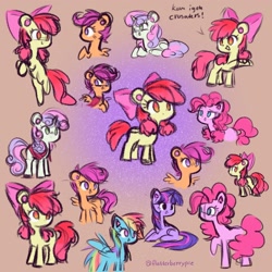 Size: 2048x2048 | Tagged: safe, artist:flutterberrypie, apple bloom, pinkie pie, rainbow dash, scootaloo, sweetie belle, twilight sparkle, earth pony, pegasus, pony, unicorn, g4, abstract background, adorabloom, apple bloom's bow, blank flank, bow, colored pinnae, cute, cutealoo, cutie mark crusaders, cutie mark cuties, dashabetes, diapinkes, diasweetes, female, filly, foal, hair bow, high res, horn, lying down, mare, no pupils, open mouth, open smile, prone, raised hoof, round ears, signature, smiling, spread wings, twiabetes, unicorn twilight, wings