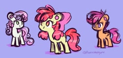 Size: 2047x966 | Tagged: safe, artist:flutterberrypie, apple bloom, scootaloo, sweetie belle, earth pony, pegasus, pony, unicorn, g4, adorabloom, alternate hairstyle, apple bloom's bow, blank flank, bow, colored pinnae, cute, cutealoo, cutie mark crusaders, cutie mark cuties, diasweetes, female, filly, foal, hair bow, horn, light blue background, no pupils, pigtails, round ears, signature, simple background, small wings, smiling, trio, wings