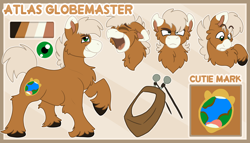 Size: 3500x2000 | Tagged: safe, artist:euspuche, oc, oc:atlas globemaster, earth pony, pony, high res, looking at you, male, reference sheet, smiling, stallion