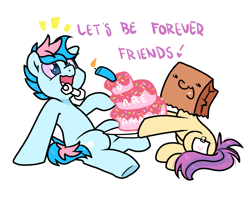 Size: 1260x1000 | Tagged: safe, artist:paperbagpony, oc, oc:blue chewings, oc:paper bag, cake, candle, chew toy, fake cutie mark, food, simple background, sprinkles, white background