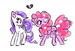 Size: 1751x1181 | Tagged: safe, artist:flutterberrypie, pinkie pie, rarity, earth pony, pony, unicorn, g4, colored pinnae, duo, duo female, female, heart, heart eyes, horn, lesbian, looking at each other, looking at someone, mare, raised hoof, ship:raripie, shipping, simple background, sparkles, sparkly eyes, white background, wingding eyes
