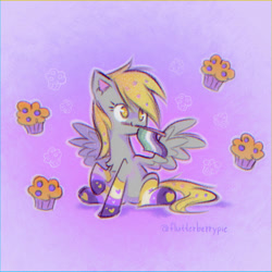 Size: 1080x1080 | Tagged: safe, artist:flutterberrypie, derpy hooves, pegasus, pony, g4, aromantic pride flag, clothes, cute, derpabetes, food, mouth hold, muffin, no pupils, nonbinary, nonbinary pride flag, pride, pride flag, pride socks, raised hoof, signature, sitting, smiling, socks, solo, spread wings, striped socks, wings