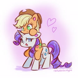 Size: 2048x2048 | Tagged: safe, artist:flutterberrypie, applejack, rarity, earth pony, pony, unicorn, g4, applejack riding rarity, applejack's hat, colored pinnae, cowboy hat, cute, duo, duo female, female, floating heart, freckles, hat, heart, high res, horn, jackabetes, lesbian, looking left, mare, no pupils, open mouth, ponies riding ponies, raribetes, riding, ship:rarijack, shipping, signature, sparkles