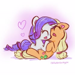 Size: 2048x2048 | Tagged: safe, artist:flutterberrypie, applejack, rarity, earth pony, pony, unicorn, g4, colored pinnae, cute, duo, duo female, eyes closed, female, floating heart, freckles, hatless, heart, high res, horn, jackabetes, lesbian, mare, missing accessory, open mouth, open smile, raribetes, ship:rarijack, shipping, signature, smiling, sparkles