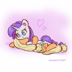 Size: 2048x2048 | Tagged: safe, artist:flutterberrypie, applejack, rarity, earth pony, pony, unicorn, g4, colored pinnae, cuddling, cute, duo, duo female, female, floating heart, freckles, hatless, heart, high res, horn, lesbian, lying down, mare, missing accessory, no pupils, raribetes, ship:rarijack, shipping, signature, smiling, sparkles