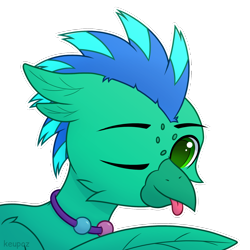 Size: 2048x2048 | Tagged: safe, artist:keupoz, oc, oc only, oc:sky splash, hippogriff, beads, bust, closed eye, commission, freckles, high res, hippogriff oc, portrait, simple background, tongue out, transparent background