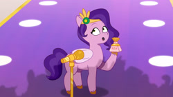 Size: 3072x1727 | Tagged: safe, screencap, pipp petals, pegasus, pony, g5, my little pony: tell your tale, scents of adventure, spoiler:g5, spoiler:my little pony: tell your tale, spoiler:tyts01e60, :o, female, mane melody (location), mare, microphone, microphone stand, open mouth, perfume, solo