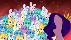 Size: 3072x1727 | Tagged: safe, screencap, pipp petals, bunnycorn, pegasus, pony, rabbit, raccoon, raccoonicorn, g5, my little pony: tell your tale, scents of adventure, spoiler:g5, spoiler:my little pony: tell your tale, spoiler:tyts01e60, ah crap, eyes closed, female, mare, open mouth, open smile, smiling