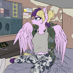 Size: 4000x4000 | Tagged: safe, artist:shade stride, oc, oc:heluva breeze, cyborg, pegasus, anthro, bed, breasts, clothes, complex background, female, interior, mare, nighthaze, rain, reasonably sized breasts, sitting, solo, watermark, wings