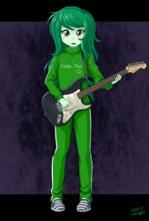 Size: 675x1000 | Tagged: safe, artist:uotapo, wallflower blush, human, equestria girls, g4, my little pony equestria girls: better together, bocchi the rock!, clothes, cosplay, costume, cute, electric guitar, female, fender stratocaster, flowerbetes, guitar, musical instrument, nervous sweat, solo, tracksuit