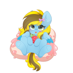Size: 2000x2000 | Tagged: safe, artist:yomechka, oc, oc only, oc:lucky bolt, pegasus, pony, :p, blushing, bow, bread, cute, female, food, green eyes, hair bow, high res, looking up, lying down, mare, pegasus oc, simple background, strawberry, strawberry jam, toast, tongue out, transparent background