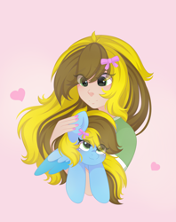Size: 2513x3181 | Tagged: safe, artist:yomechka, oc, oc only, oc:lucky bolt, human, pegasus, pony, bow, cute, duality, female, hair bow, hair over one eye, heart, high res, holding a pony, human on pony petting, humanized, long hair, long mane, looking up, love, mare, pegasus oc, pet, petting, self paradox, self ponidox
