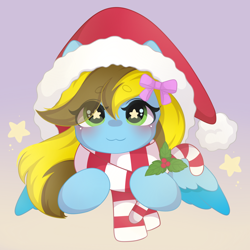 Size: 2000x2000 | Tagged: safe, artist:yomechka, oc, oc only, oc:lucky bolt, pegasus, pony, bow, candy, candy cane, christmas, clothes, cute, female, food, gradient background, green eyes, hair bow, hair over one eye, hat, high res, holiday, holly, looking at you, mare, pegasus oc, santa hat, scarf, smiling, smiling at you, solo, starry eyes, wingding eyes, wings