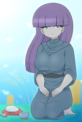 Size: 1664x2468 | Tagged: safe, artist:batipin, boulder (g4), maud pie, human, equestria girls, g4, barefoot, big breasts, breasts, busty maud pie, feet, female, kneeling, looking at you, missing shoes, solo, stone