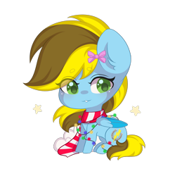 Size: 1448x1496 | Tagged: safe, artist:yomechka, oc, oc only, oc:lucky bolt, pegasus, pony, bow, christmas, christmas lights, clothes, cute, female, folded wings, green eyes, hair bow, happy, holiday, mare, pegasus oc, scarf, simple background, sitting, smiling, string lights, striped scarf, transparent background, wings
