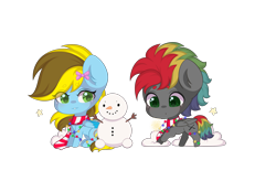 Size: 3167x2076 | Tagged: safe, artist:yomechka, oc, oc only, oc:lucky bolt, oc:sliding bolt, pegasus, pony, bow, christmas, christmas lights, clothes, duo, female, green eyes, hair bow, high res, holiday, male, male and female, mare, multicolored hair, pegasus oc, playing, running, scarf, simple background, sitting, snow, snowfall, snowman, string lights, striped scarf, transparent background