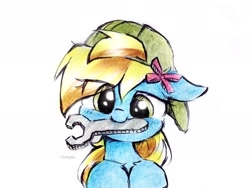 Size: 2047x1536 | Tagged: safe, artist:liaaqila, oc, oc only, oc:lucky bolt, pegasus, pony, backwards ballcap, baseball cap, bow, bust, cap, cute, female, green eyes, hair bow, hair over one eye, hat, looking at you, mare, mechanic, mouth hold, pegasus oc, simple background, solo, traditional art, white background, wrench