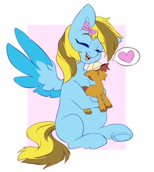 Size: 1843x2048 | Tagged: safe, artist:cheekipone, oc, oc only, oc:comet thunder, oc:lucky bolt, earth pony, pegasus, pony, bow, earth pony oc, eyes closed, female, hair bow, happy, hat, heart, holding a pony, hug, male, mare, passepartout, pegasus oc, plushie, sitting, spread wings, wings