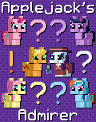 Size: 1200x1530 | Tagged: safe, artist:silk-rose, applejack, fluttershy, pinkie pie, rainbow dash, rarity, twilight sparkle, alicorn, earth pony, pegasus, pony, unicorn, g4, detective rarity, drop shadow, exclamation point, hat, love and tolerance resource pack, magic, magnifying glass, mane six, minecraft, pixel art, question mark, telekinesis, text, tiled background, twilight sparkle (alicorn), upscaled