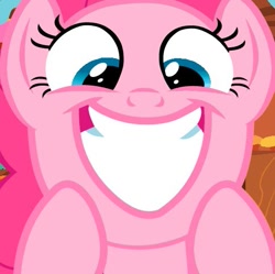 Size: 485x484 | Tagged: safe, screencap, pinkie pie, earth pony, pony, g4, season 5, the one where pinkie pie knows, :d, big grin, big smile, blue eyes, cropped, cute, diapinkes, female, grin, happy, looking at you, looking down, looking down at you, mare, open mouth, open smile, pink coat, pink fur, pink pony, smiling, solo