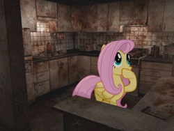 Size: 564x423 | Tagged: safe, edit, fluttershy, pegasus, pony, g4, contrast, female, looking at something, mare, silent hill, silent hill 4, solo, thinking