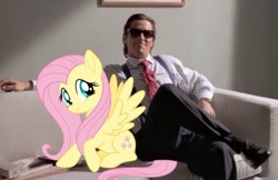 Size: 840x543 | Tagged: safe, edit, fluttershy, human, pony, g4, american psycho, couch, crossover, duo, female, irl, irl human, male, mare, patrick bateman, photo, smiling, sunglasses