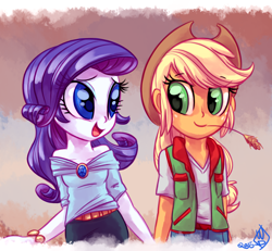 Size: 1300x1200 | Tagged: safe, artist:whitediamonds, applejack, rarity, human, rarijack daily, equestria girls, g4, applejack's hat, clothes, cowboy hat, duo, duo female, eyebrows, eyebrows visible through hair, female, freckles, hat, holding hands, lesbian, looking at each other, looking at someone, open mouth, open smile, ship:rarijack, shipping, signature, smiling, straw in mouth