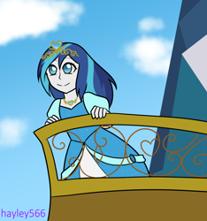 Size: 1958x2096 | Tagged: safe, artist:hayley566, shining armor, human, equestria girls, g4, alternate hairstyle, balcony, castle, clothes, cloud, commission, crown, crystal empire, cute, dress, female, gleaming shield, gown, jewelry, necklace, princess, regalia, rule 63, shining adorable, sky, solo, watermark