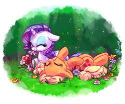 Size: 1525x1275 | Tagged: safe, artist:whitediamonds, applejack, rarity, earth pony, pony, unicorn, rarijack daily, g4, cute, duo, duo female, eyes closed, female, floppy ears, flower, freckles, grass, grin, hatless, horn, horses doing horse things, jackabetes, lesbian, lying down, mare, missing accessory, nose wrinkle, on back, prone, raribetes, scenery, ship:rarijack, shipping, signature, smiling, sniffing, spring, squee