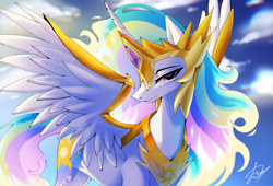 Size: 1880x1280 | Tagged: safe, artist:kozinak69, princess celestia, alicorn, pony, g4, armor, female, golden armor, helmet, horn, horn guard (armor), looking at you, mane, mare, peytral, solo, spread wings, wing armor, wings