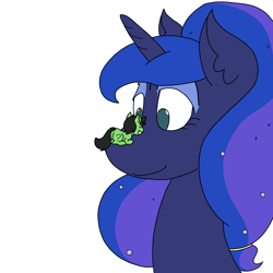 Size: 3508x3508 | Tagged: safe, artist:ponny, princess luna, oc, oc:filly anon, alicorn, earth pony, pony, g4, colored, female, filly, foal, high res, looking at each other, looking at someone, scrunchie, simple background, smiling, smiling at each other, smol, tiny, tiny ponies, white background