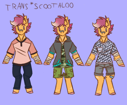 Size: 800x661 | Tagged: safe, artist:ask-trans-scoots, scootaloo, pegasus, semi-anthro, g4, arm hooves, ask trans scootaloo, bandage, bandaid, bandaid on nose, clothes, dyed mane, ear piercing, male, piercing, purple background, simple background, solo, trans male, transgender, tumblr:ask trans scootaloo