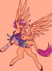 Size: 939x1280 | Tagged: safe, artist:ask-trans-scoots, scootaloo, pegasus, pony, g4, alternate cutie mark, bandage, clothes, hoodie, male, orange background, scar, self harm, self harm scars, simple background, smiling, solo, spread wings, teenager, trans male, transgender, tumblr:ask trans scootaloo, wings