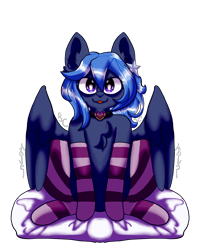 Size: 4000x5000 | Tagged: safe, artist:trr_bc, oc, oc only, oc:lunar melody, pegasus, pony, arm warmers, blue hair, choker, clothes, cushion, ear piercing, earring, jewelry, partially open wings, piercing, purple eyes, simple background, socks, solo, stockings, striped socks, thigh highs, transparent background, wings