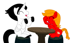 Size: 4705x2647 | Tagged: safe, artist:brightstar40k, oc, oc only, oc:brightstar, oc:peach blossom, alicorn, earth pony, pony, alicorn oc, barrel, date, dating, earth pony oc, horn, love, romance, romantic, simple background, table, white background, wings